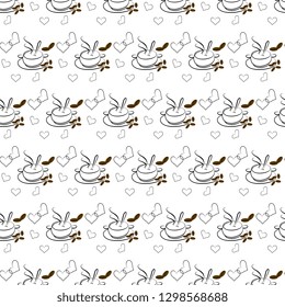 Seamless vector pattern with brown coffee grains with a cup and artistic hearts, on a white background. Nice illustration. Beautiful tile, wrapper, cover, textile, postcard, wallpaper design.