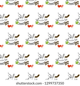 Seamless vector pattern with brown coffee grains with a cup, red hearts, green leaves, artistic, on a white background. Appetizing illustration. Beautiful tile, wrapper, cover, textile, postcard, 