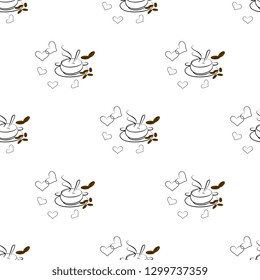 Seamless vector pattern with brown coffee grains with a cup and artistic hearts, on a white background. Nice illustration. Beautiful tile, wrapper, cover, textile, postcard, wallpaper design.