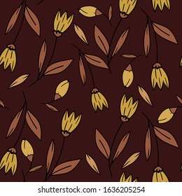 Seamless vector pattern with brown flowers on dark brown background. Good for printing. Wallpaper, fabric and textile design. Wrapping paper floral pattern.
