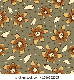 Seamless vector pattern with brown flowers on grey background. Simple hand drawn floral wallpaper design. Vintage wildflower fashion textile.