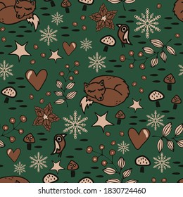 Seamless vector pattern with brown fox on green background. Simple Christmas wallpaper design with winter forest. Seasonal fashion textile.