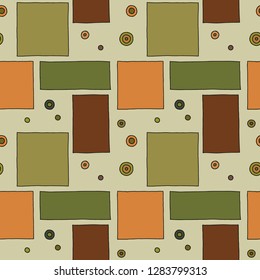 Seamless vector pattern. Brown geometrical hand drawn background with rectangles, squares, dots. Print for decorative wallpaper, packaging, wrapping, fabric. Line drawing, graphic design