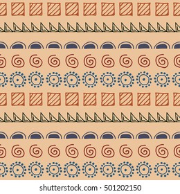 Seamless vector pattern. Brown geometrical background with hand drawn little decorative elements. Print with ethnic, folk, traditional motifs. Graphic vector illustration. 