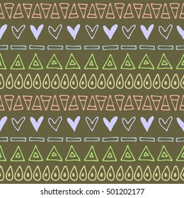 Seamless vector pattern. Brown geometrical background with hand drawn little decorative elements. Print with ethnic, folk, traditional motifs. Graphic vector illustration. 