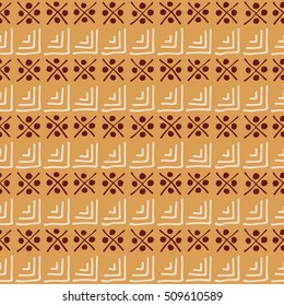 Seamless vector pattern. Brown geometrical background with hand drawn little decorative elements. Print with ethnic, folk, traditional motifs. Graphic vector illustration. 