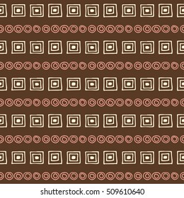 Seamless vector pattern. Brown geometrical background with hand drawn little decorative elements. Print with ethnic, folk, traditional motifs. Graphic vector illustration. 