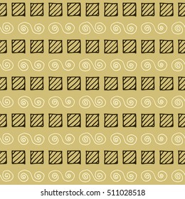 Seamless vector pattern. Brown geometrical background with hand drawn little decorative elements. Print with ethnic, folk, traditional motifs. Graphic vector illustration. 