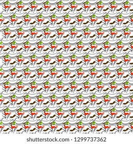 Seamless vector pattern with brown grains of coffee, cup and saucer, green leaves, red hearts, artistic, on a white background. Bright illustration. Beautiful tile, wrapper, cover, textile, postcard, 