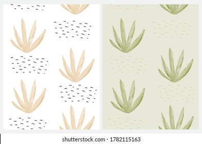 Seamless Vector Pattern with Brown and Green Twigs Isolated on a White and Light Green Background. Simple Floral Print. Cute Infantile Style Doodle Pattern.