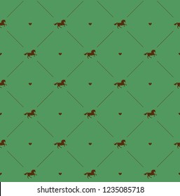 Seamless vector pattern of brown  horse silhouette and heart isolated on green background 