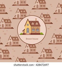 Seamless vector pattern with brown houses and one main color building. Urban background. Town illustration in sepia color. Traditional architecture
