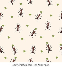 Seamless vector pattern with brown leaf-cutter ants carrying green leaves on a beige background