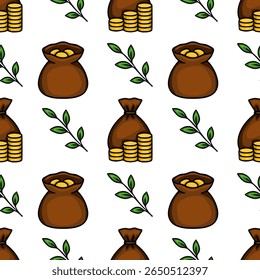 Padrão de vetor contínuo com bolsas de dinheiro marrom, pilhas de moedas de ouro e folhas verdes, criando um design estilizado de riqueza e prosperidade.