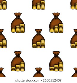 Padrão de vetor contínuo de bolsas de dinheiro marrom e pilhas de moedas de ouro, um design divertido ideal para projetos financeiros ou com temática de riqueza.