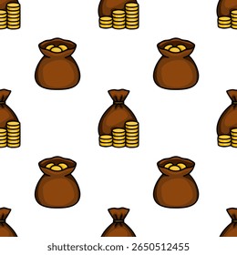 Seamless vector pattern of brown money bags and gold coin stacks, a playful illustration perfect for financial themes or game design.