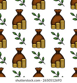 Padrão de vetor contínuo de bolsas de dinheiro marrom com pilhas de moedas de ouro e folhas verdes, ilustrando o crescimento da riqueza e a prosperidade financeira.