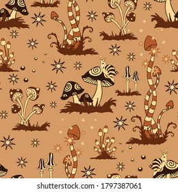 Seamless vector pattern with brown mushrooms on beige background. Fantasy forest wallpaper design. Magic fungal fashion textile.