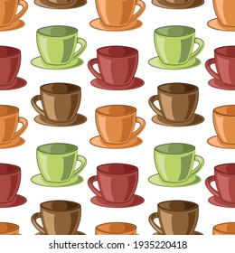 Seamless vector pattern with brown, orange, green and red cups