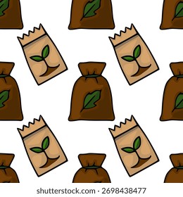 Padrão de vetor sem emenda de sacos marrons e pacotes de sementes com brotos verdes, simbolizando crescimento e jardinagem.