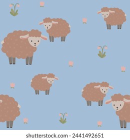 Seamless vector pattern with brown sheep and flowers, cute kids background