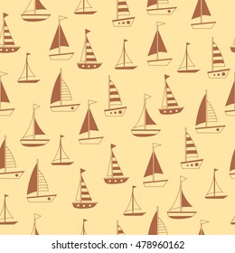 Seamless vector pattern with brown ships on a yellow background. Cute child illustration. Sea transport. Cartoon autumn pattern.