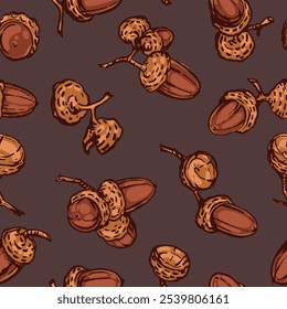 
Seamless vector pattern in brown tones with hand-drawn acorns.