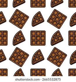 Seamless vector pattern of brown waffles, featuring whole squares and quarter slices, creating a delicious and playful design.