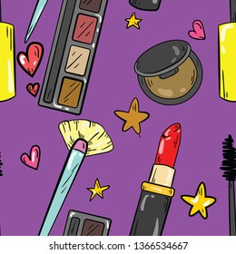 Seamless vector pattern with brush, lipstick, mascara, bronzer and eyeshadow on purple background. Good for printing. Textile and wrapping paper design. Wallpaper idea.