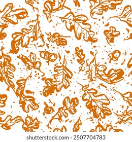 
Seamless vector pattern with brush painted dry oak leaves and acorns and paint splatter texture.