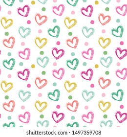 Seamless vector pattern with brush strokes hearts and dots.