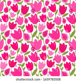 Seamless vector pattern brush strokes flowers. Floral background with tulips.