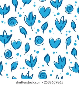 
Seamless vector pattern of brush-drawn flowers, leaves, spirals and hearts on a white background.