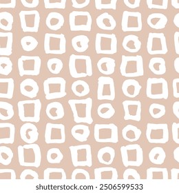 Patrón de Vector sin fisuras con cuadrados dibujados por pincel y círculos sobre un fondo beige.