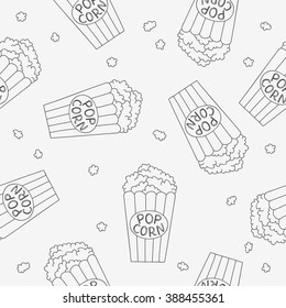 Seamless vector pattern of buckets of popcorn on light gray background.