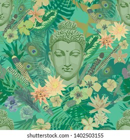 Seamless vector pattern with Buddha head, leaves, flowers, feathers.