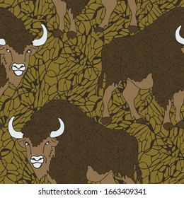 Seamless vector pattern with buffaloes on textured green background. Animal wallpaper design with bison's.