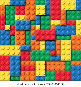 Seamless vector pattern of building brick blocks toy like Lego. Colorful plastic toy bricks for children, Brick toy design seamless for kids fashion, fabric, print and wallpaper, Top view.