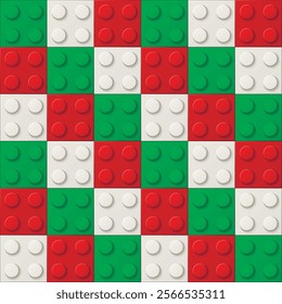 Seamless vector pattern of building brick blocks toy. Green and red christmas colors plastic toy bricks for children, Brick toy for kid fashion, fabric, print wallpaper, background. Top view.