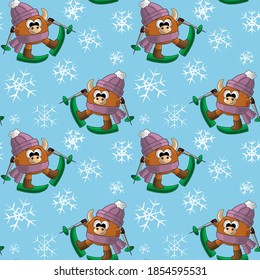 Seamless vector pattern with bull, ski and snowflake