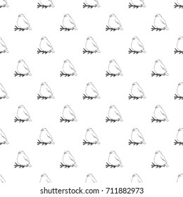 Seamless vector pattern. Bullfinch birds pattern. Black and white background.