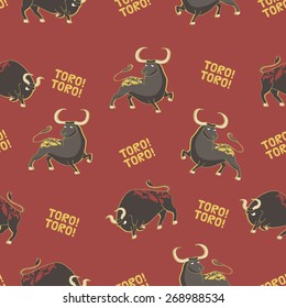 Seamless vector pattern with bulls. Corrida.