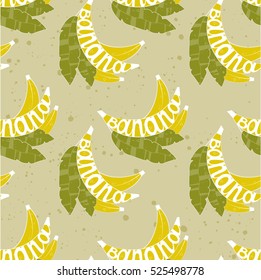 Seamless vector pattern. Bunch of bananas with leaves and the words in the style of lettering banana.