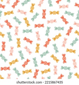 Seamless vector pattern with bunch of candies. Cute hand drawn colorful sweets. Fun doodle background for packaging, wrapping paper, banner, print, card, gift, fabric, textile, wallpaper.