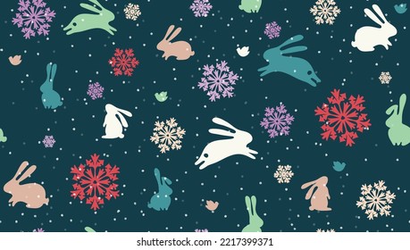 Seamless vector pattern with bunny, bird and snowflakes on a dark background. New Year's night with jumping hares and falling snow. Snowfall and rabbit on a Christmas print.