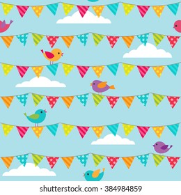 Seamless vector pattern with bunting and sitting birds on blue background