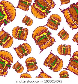 Seamless vector pattern with burger on white background