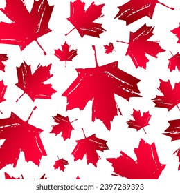 Seamless vector pattern of burgundy autumn maple leaves on a white background. Design elements for Canada Day. Abstract background.