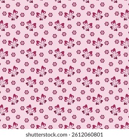 Seamless vector pattern with burgundy and pink bows and flowers, randomly scattered on a light pink background, suitable for printing on paper and fabric.