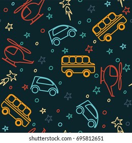 Seamless vector pattern with bus, helicopter, machines and stars. Baby background.